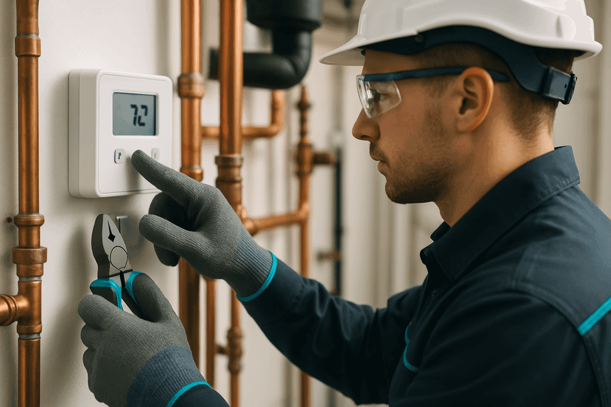 Gloved hands of HVAC technician adjusting thermostat in mechanical room