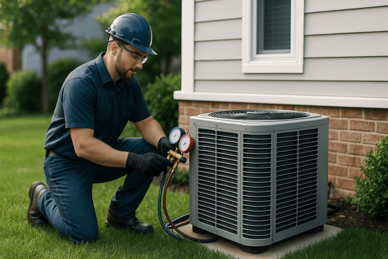 Técnico inspeccionando condensador de aire acondicionado central fuera de una casa