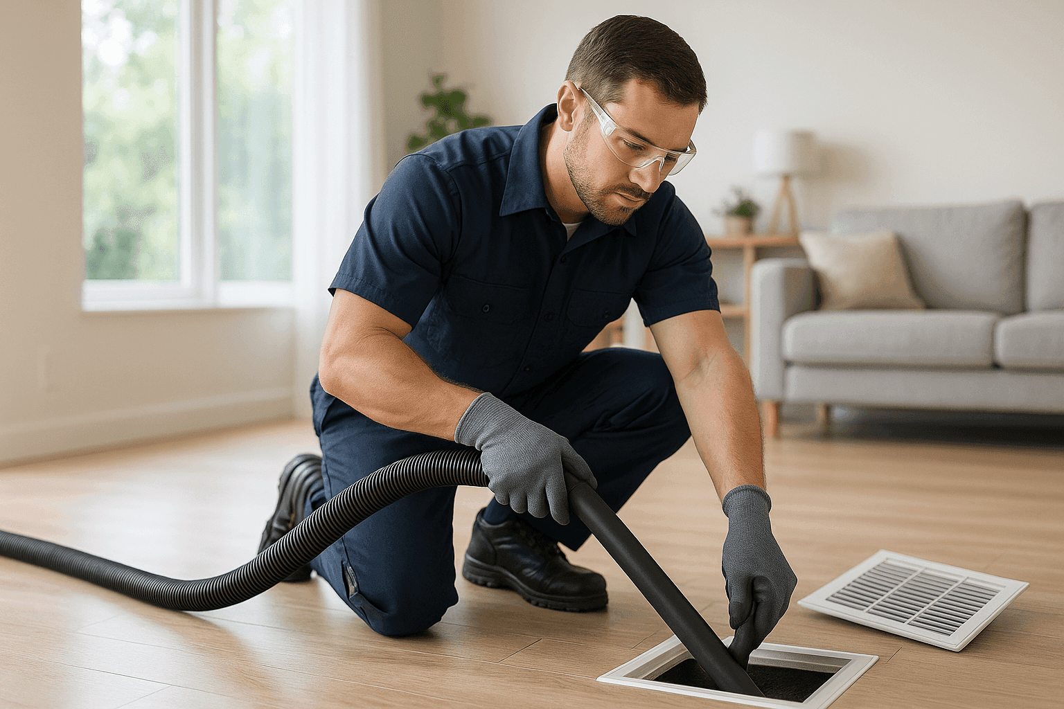 Técnico aspirando polvo de una rejilla de ducto de aire