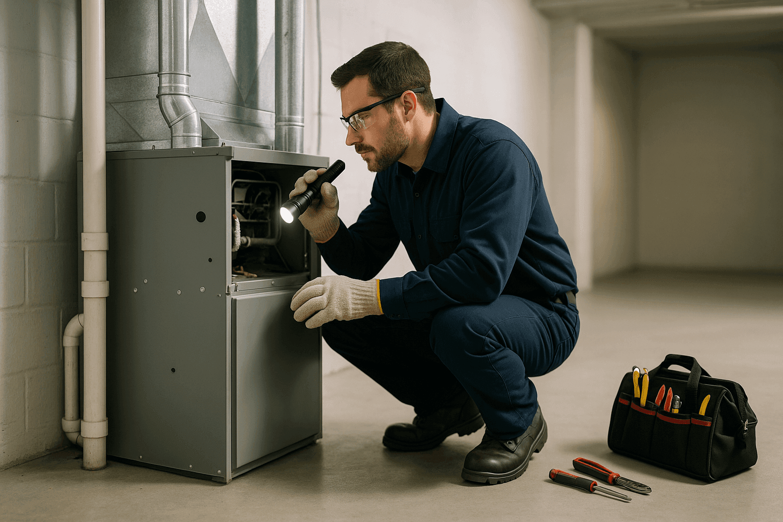 Technician inspecting home HVAC unit during emergency visit