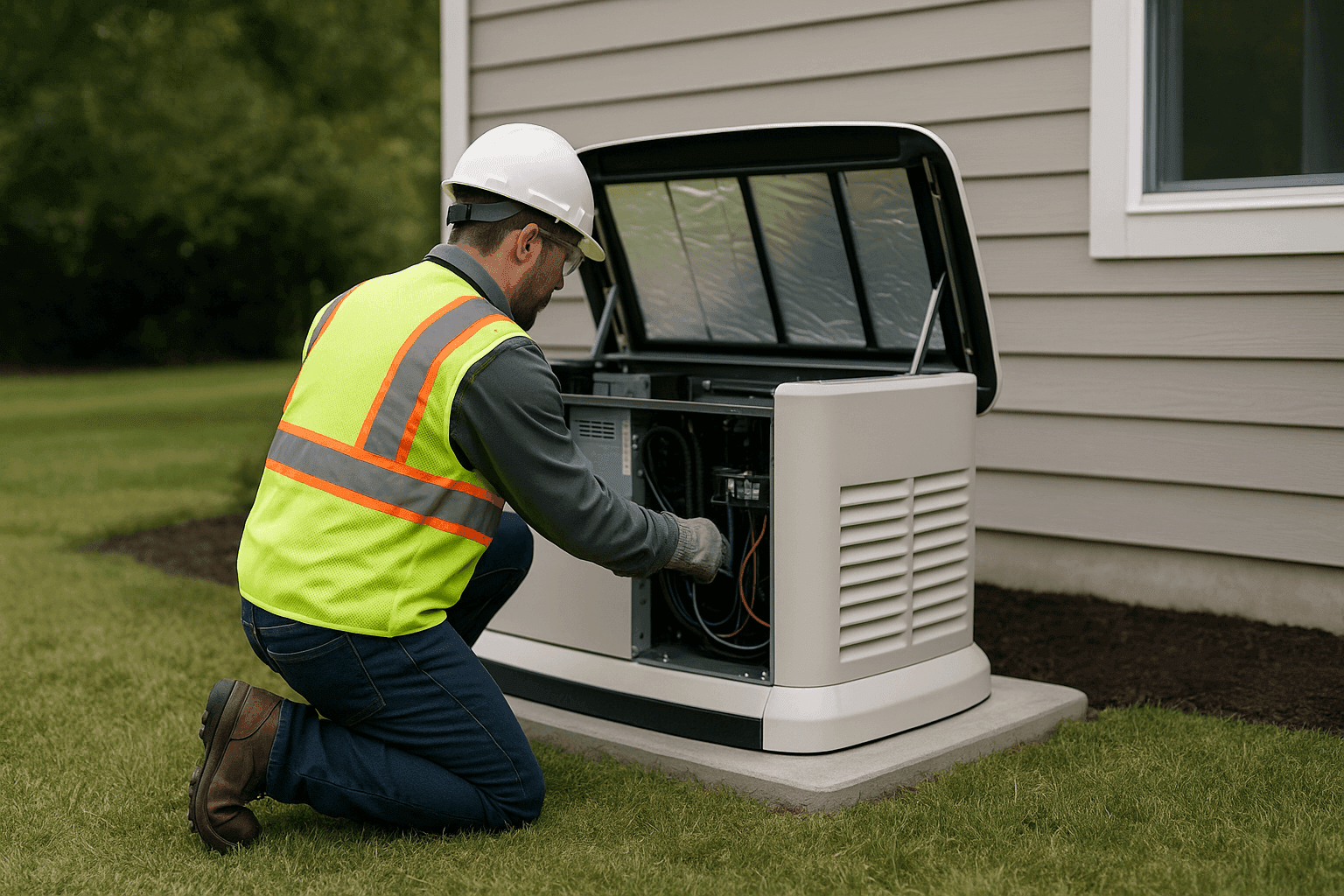Technician installing standby generator outside home
