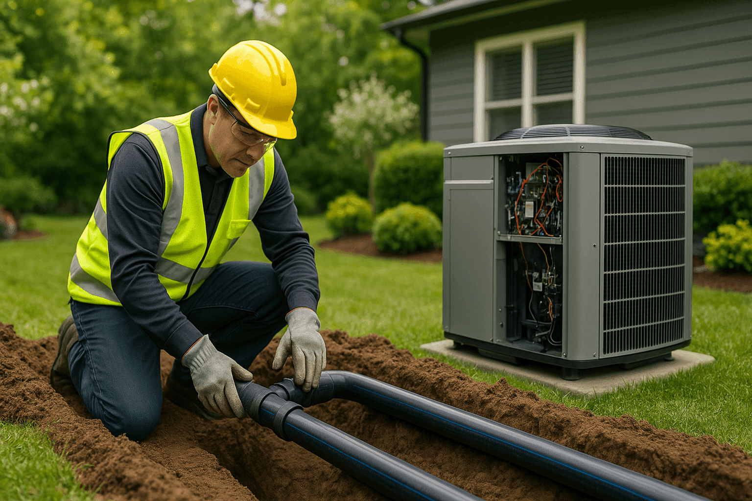 Technician installing geothermal heat pump in yard