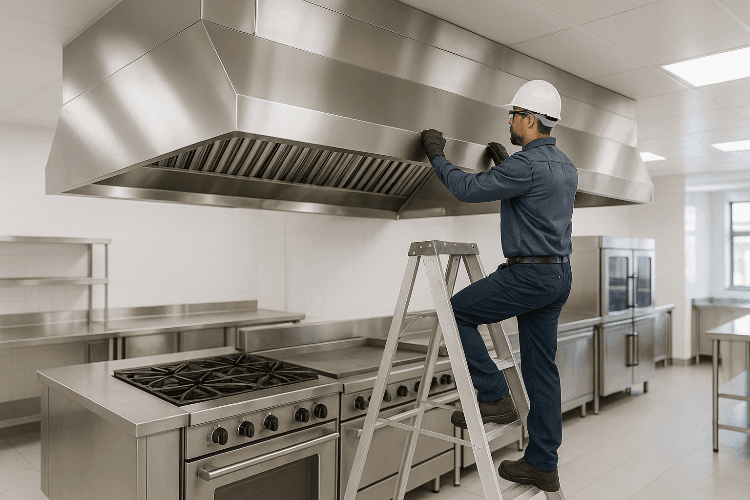 Técnico instalando campana extractora de cocina comercial