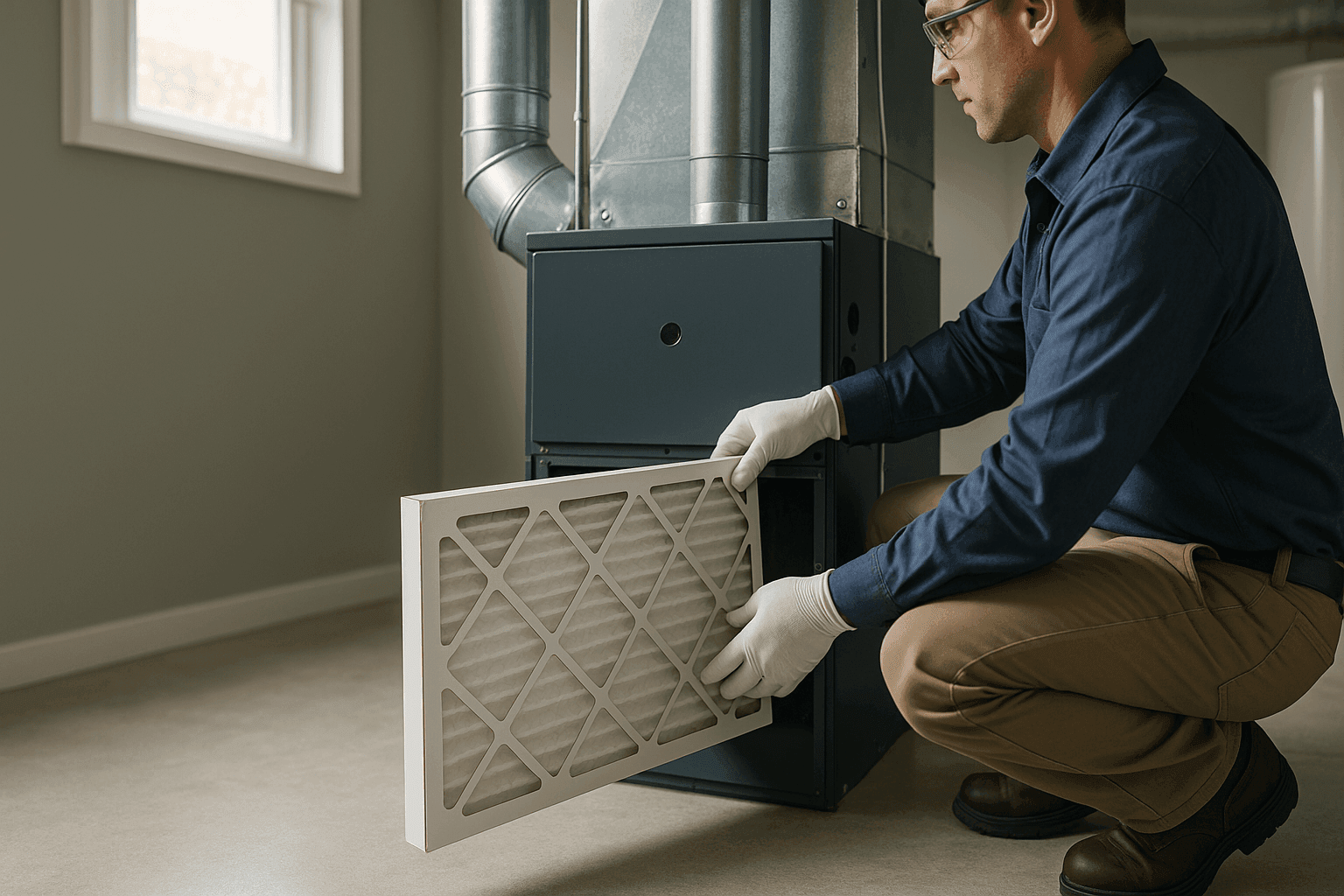 Technician replacing HVAC filter during routine maintenance