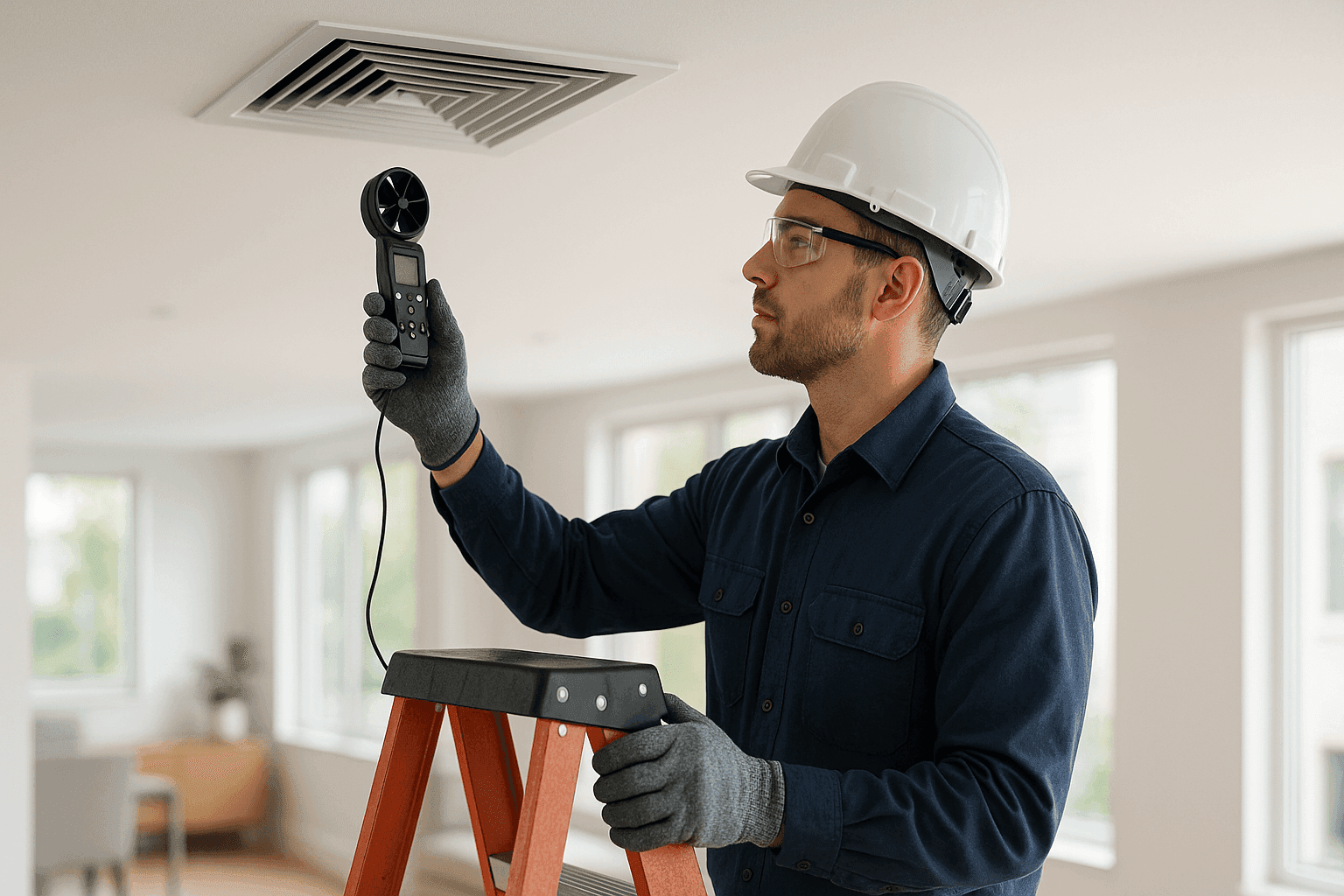 Técnico midiendo el flujo de aire en una rejilla con medidor portátil