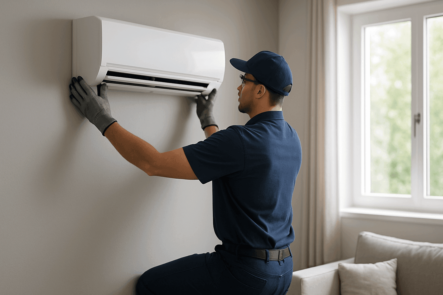 Técnico instalando unidad mini-split en la pared