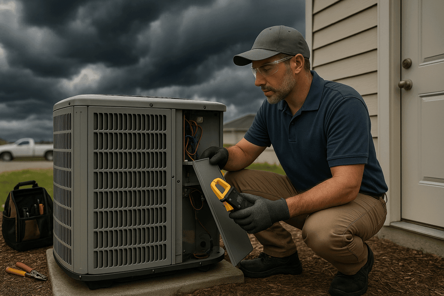 Propietario inspeccionando unidad HVAC antes de clima extremo