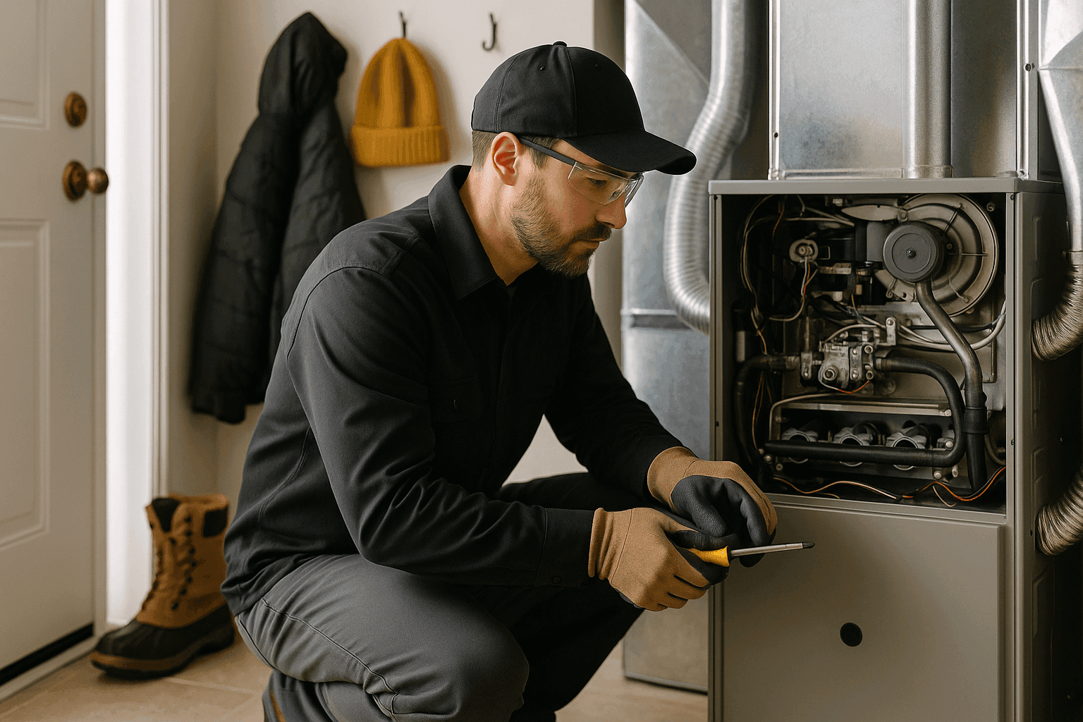 HVAC technician inspecting a furnace during winter preparation