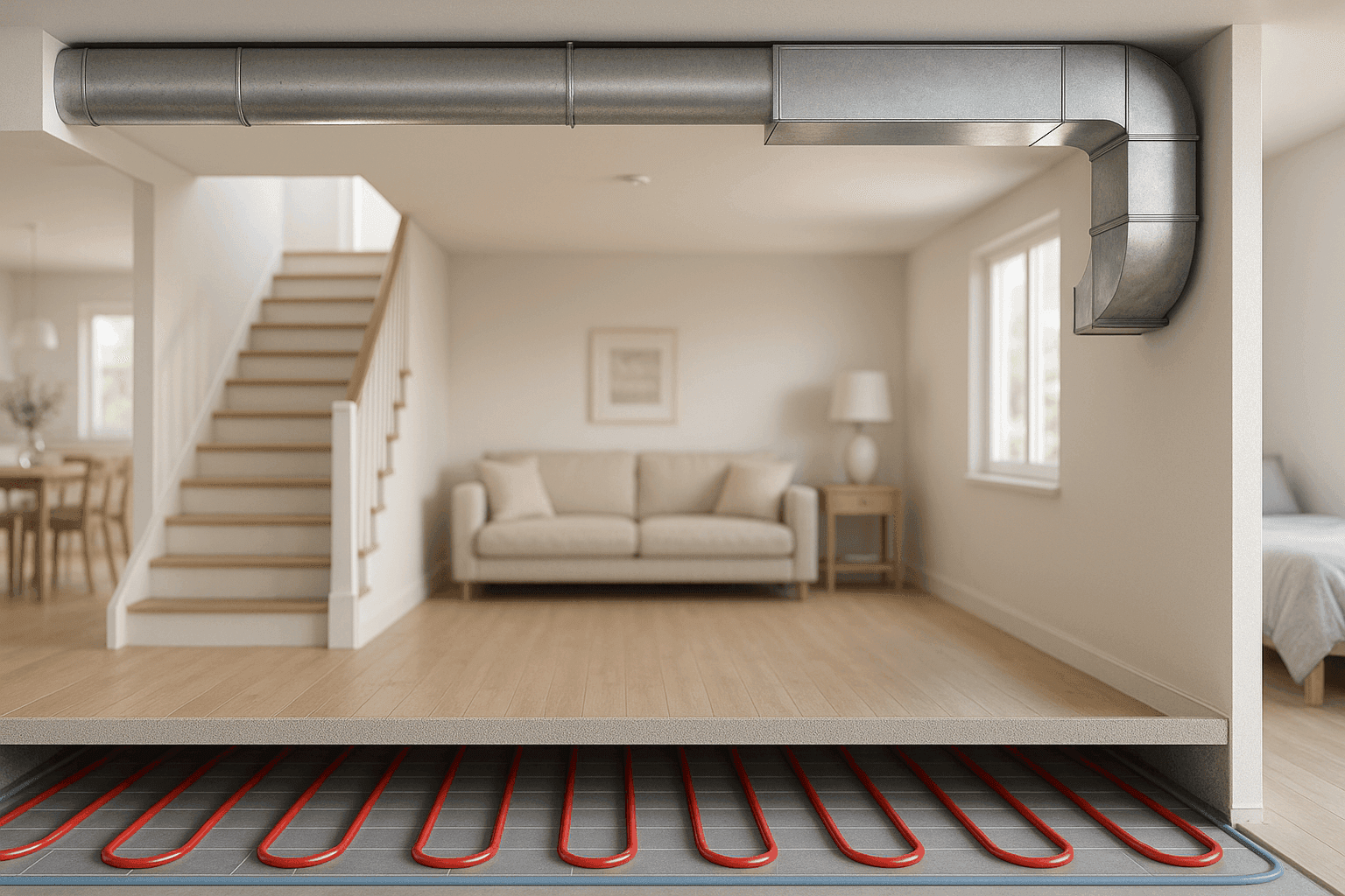 Diagram of radiant floor heating and forced air ducts in a modern home