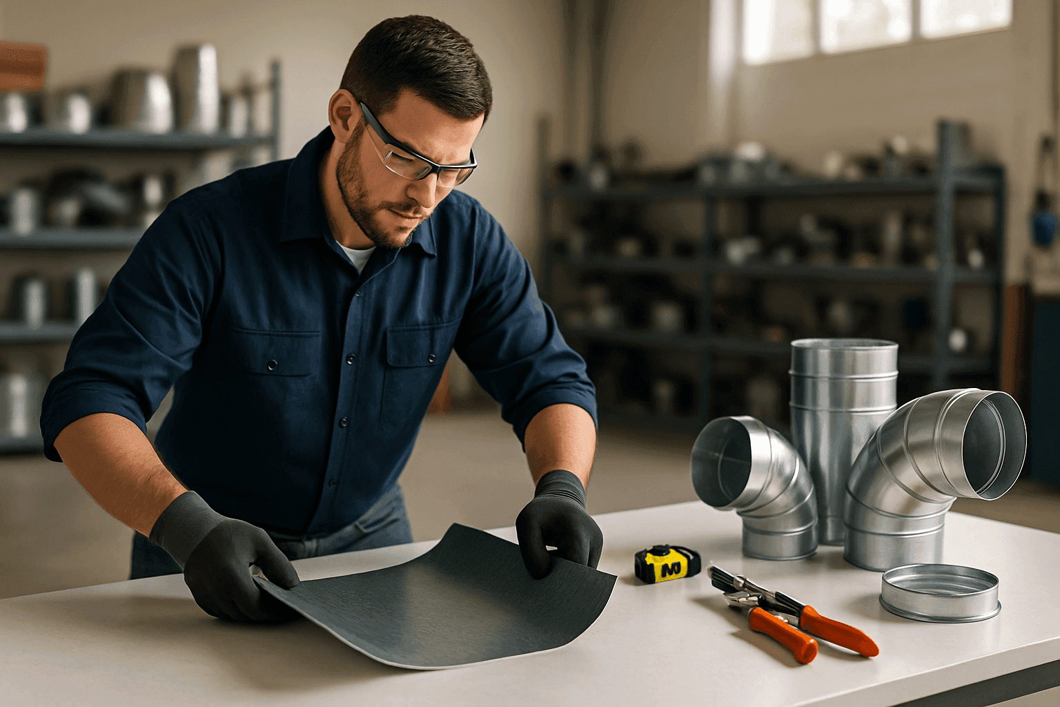 Technician fabricating sheet metal ductwork in workshop
