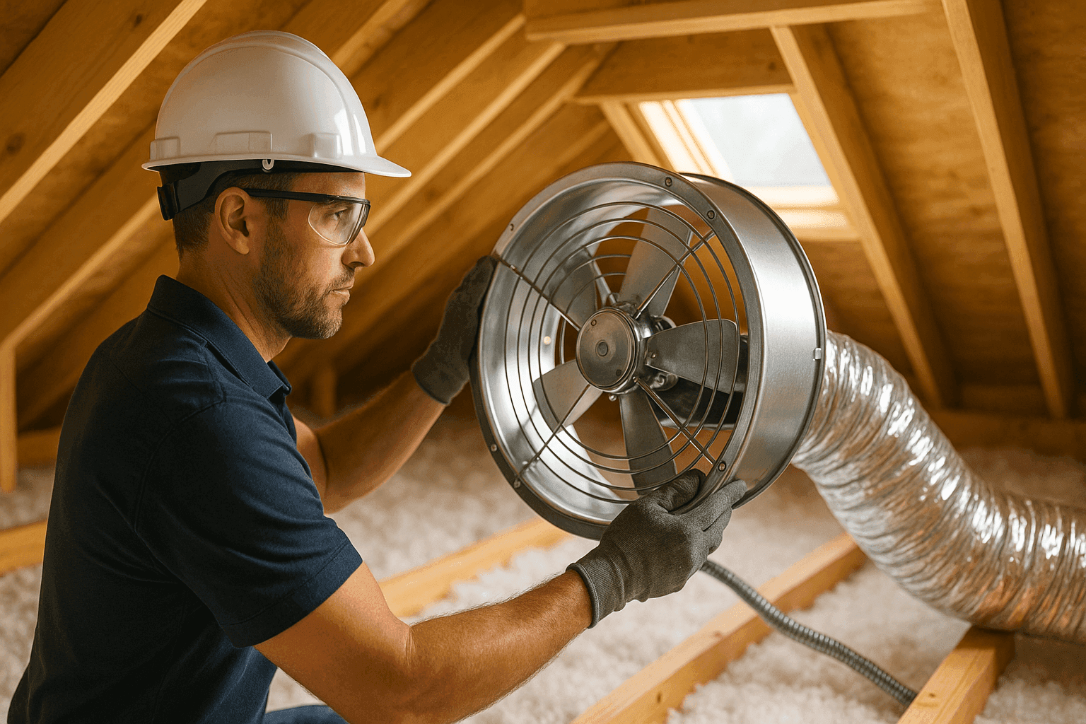 Técnico instalando ventilador de toda la casa en el ático